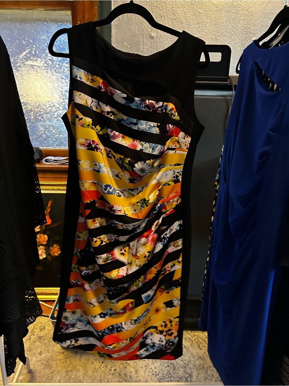 Joseph Ribkoff Black and Yellow Floral Stripe Sheath Dress
